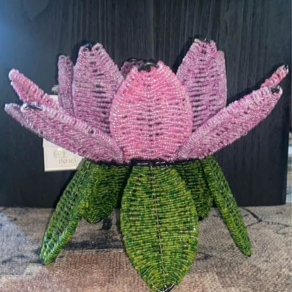 Large Beaded Lotus Flower Candle Holder / Glass Vase